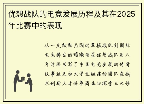 优想战队的电竞发展历程及其在2025年比赛中的表现