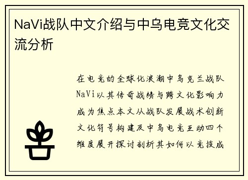 NaVi战队中文介绍与中乌电竞文化交流分析