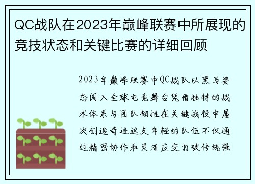 QC战队在2023年巅峰联赛中所展现的竞技状态和关键比赛的详细回顾