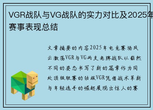 VGR战队与VG战队的实力对比及2025年赛事表现总结